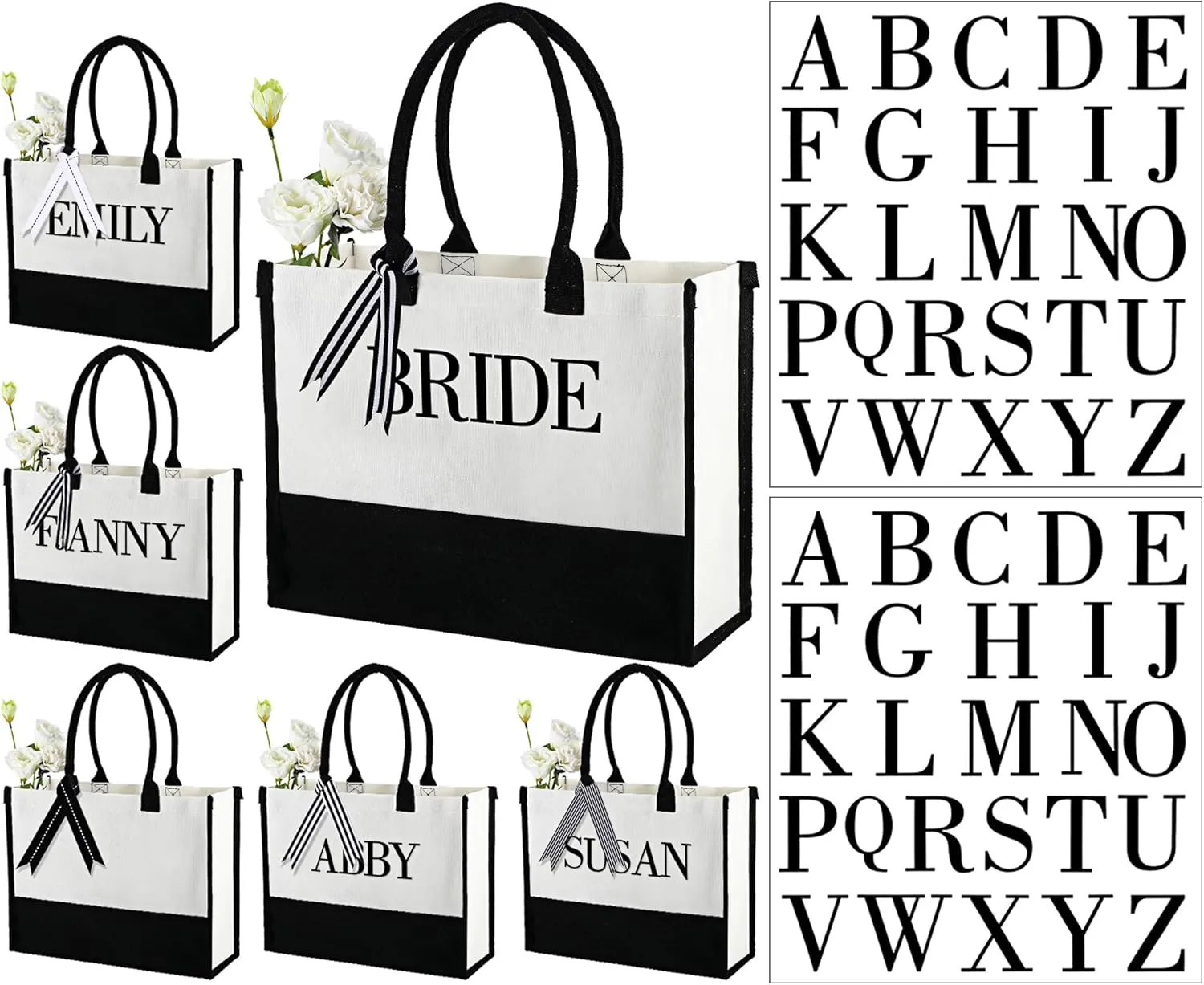 Sweetude Canvas Tote Bag Bulk Initial Tote Bag for Wedding Bridal Shower Bachelorette Party Women DIY Beach Bag with Ribbons