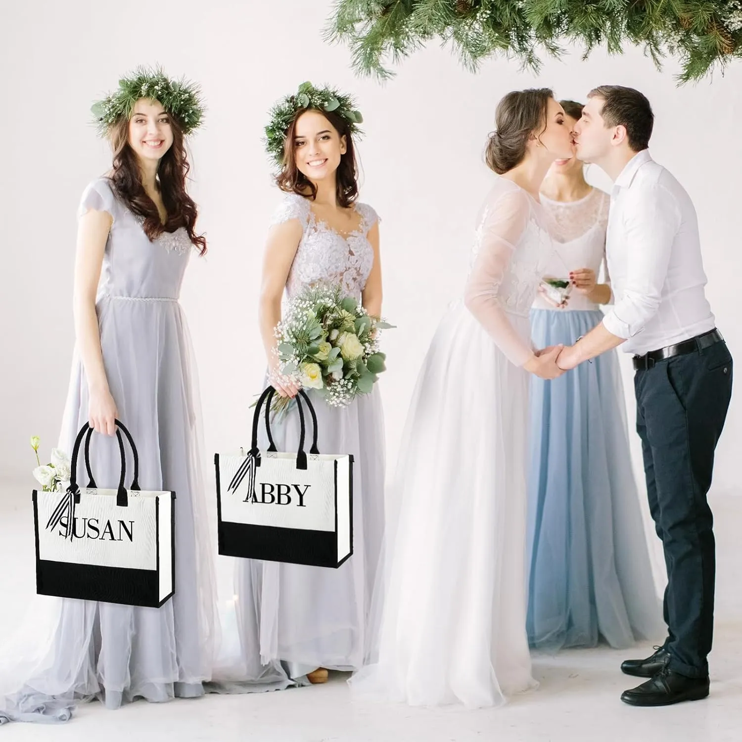 Sweetude Canvas Tote Bag Bulk Initial Tote Bag for Wedding Bridal Shower Bachelorette Party Women DIY Beach Bag with Ribbons