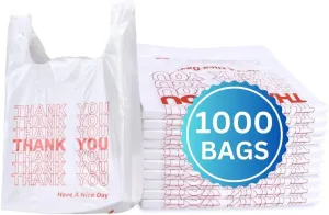 Thank You T-Shirt Bags - 1000 Pack, Heavy-Duty White Carry Bags with Handles, 11.5" x 6.5" x 22", Durable Retail, Grocery, Restaurant & Merchandise Bag