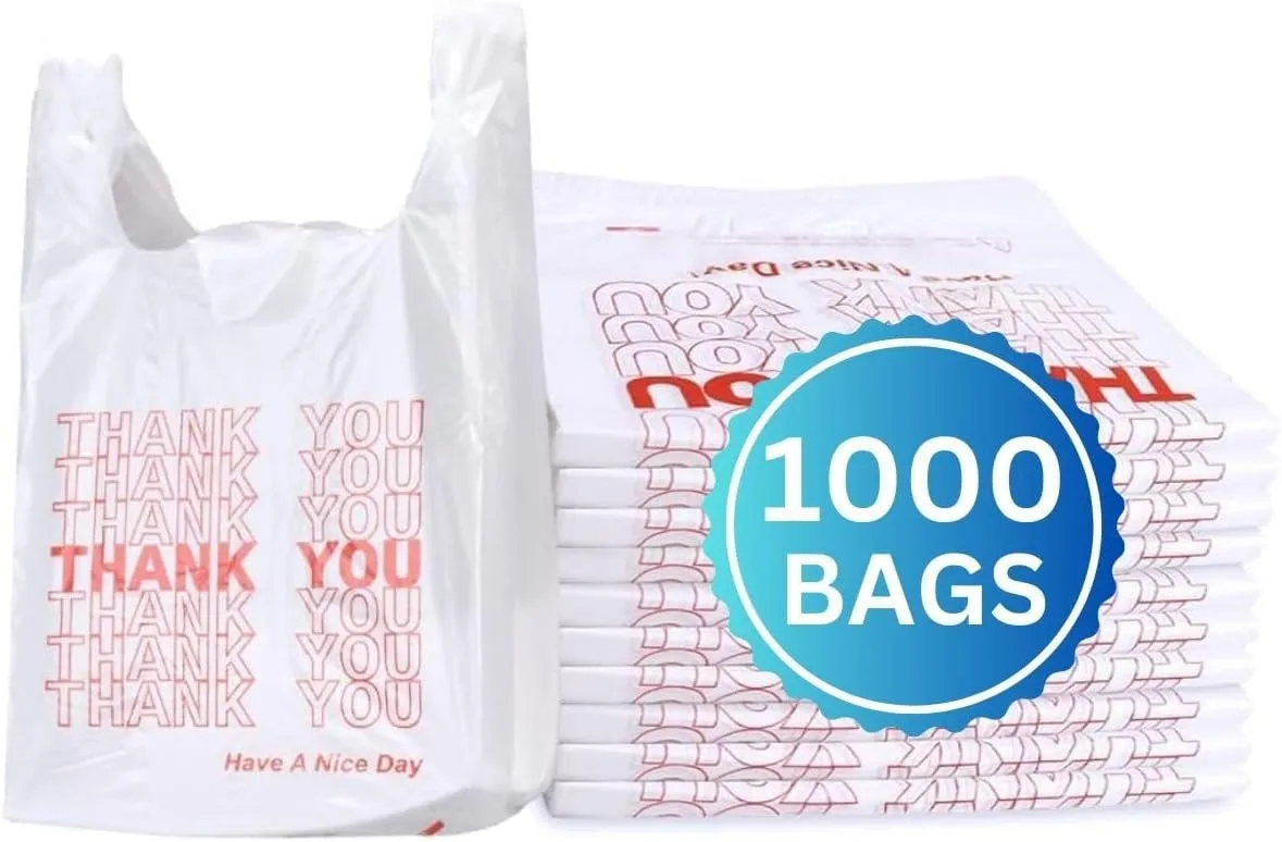 Thank You T-Shirt Bags - 1000 Pack, Heavy-Duty White Carry Bags with Handles, 11.5" x 6.5" x 22", Durable Retail, Grocery, Restaurant & Merchandise Bag