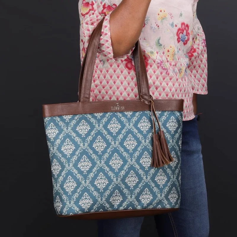 THE CLOWNFISH Casey series 15.6 inch Laptop Bag For Women Printed Handicraft Fabric & Faux Leather Office Bag Briefcase Hand Messenger bag Tote Business Bag (Light Green)