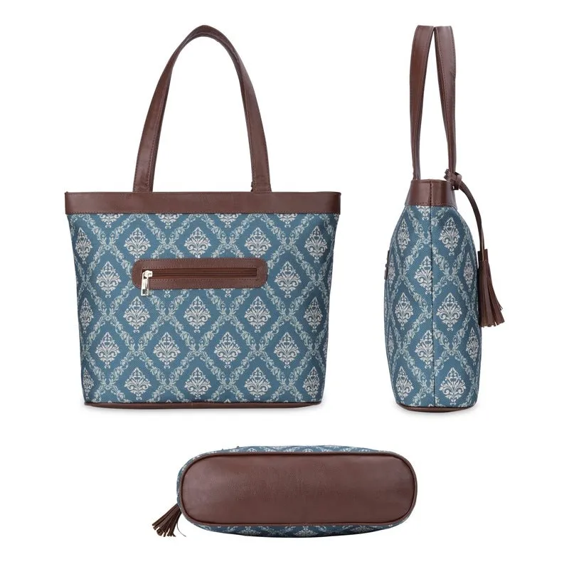 THE CLOWNFISH Casey series 15.6 inch Laptop Bag For Women Printed Handicraft Fabric & Faux Leather Office Bag Briefcase Hand Messenger bag Tote Business Bag (Light Green)