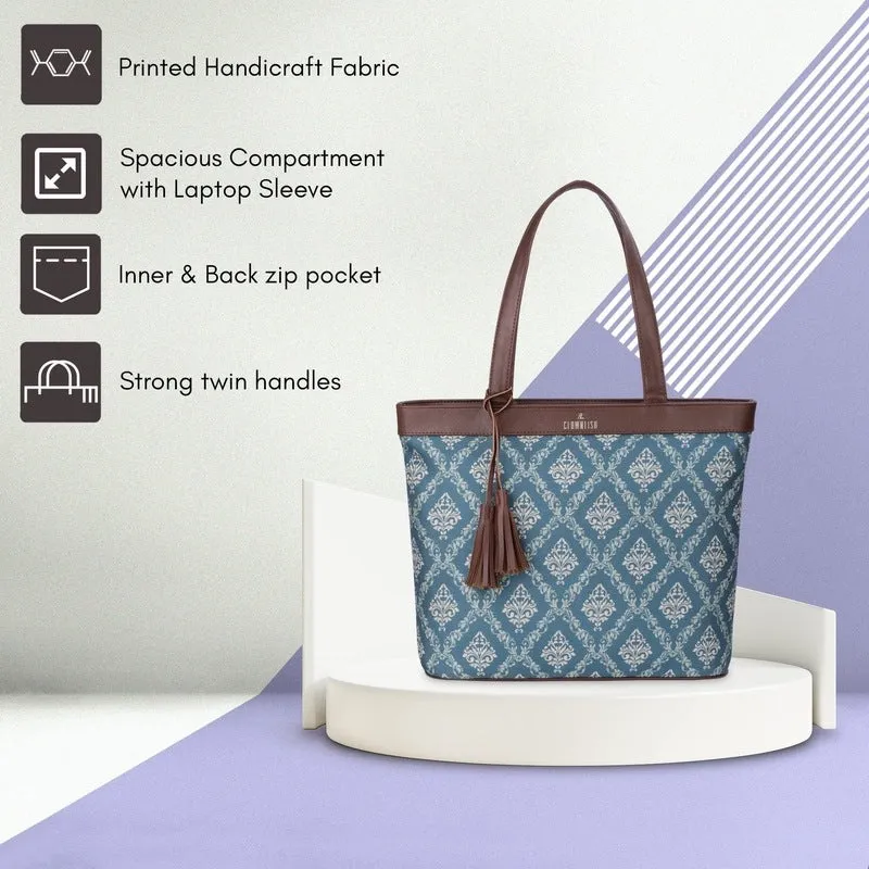 THE CLOWNFISH Casey series 15.6 inch Laptop Bag For Women Printed Handicraft Fabric & Faux Leather Office Bag Briefcase Hand Messenger bag Tote Business Bag (Light Green)