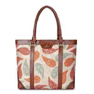 THE CLOWNFISH Miranda Series 15.6 inch Laptop Bag For Women Printed Handicraft Fabric & Faux Leather Office Bag Briefcase Hand Messenger bag Tote Shoulder Bag (Cream-Leaf Print)