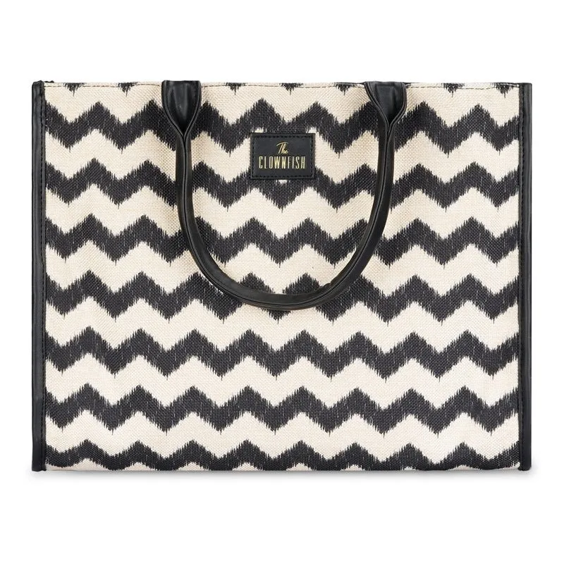 THE CLOWNFISH Opulence Series Multipurpose Handbag For Women Box Bag 14 inch Laptop Bag Tote Printed Handicraft Fabric & Faux Leather Bag (Black-Wave Design)