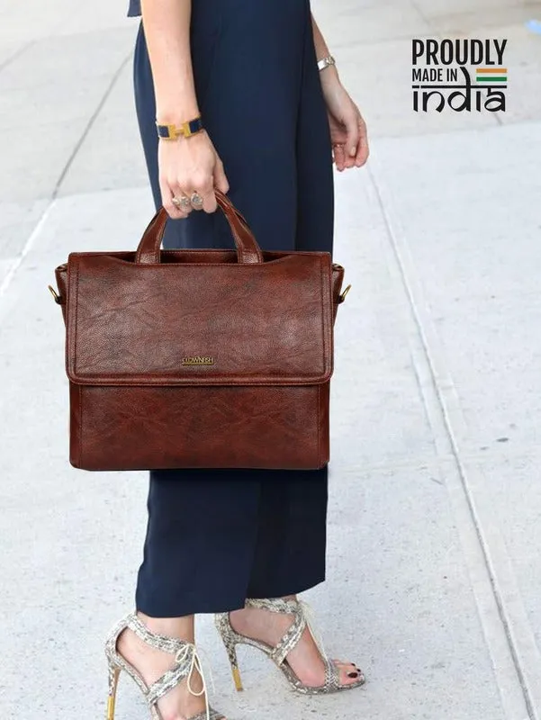 THE CLOWNFISH Signature Series Faux Leather Laptop Briefcase - Includes Padded Shoulder Strap | 15.6 inch | Coffee