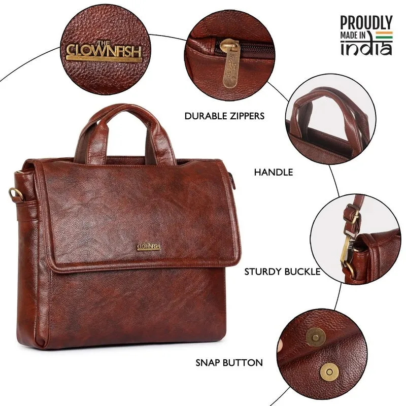 THE CLOWNFISH Signature Series Faux Leather Laptop Briefcase - Includes Padded Shoulder Strap | 15.6 inch | Coffee