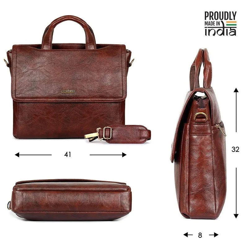 THE CLOWNFISH Signature Series Faux Leather Laptop Briefcase - Includes Padded Shoulder Strap | 15.6 inch | Coffee