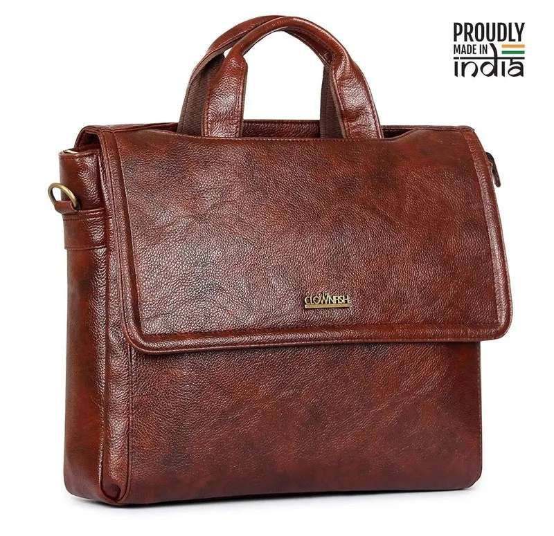 THE CLOWNFISH Signature Series Faux Leather Laptop Briefcase - Includes Padded Shoulder Strap | 15.6 inch | Coffee