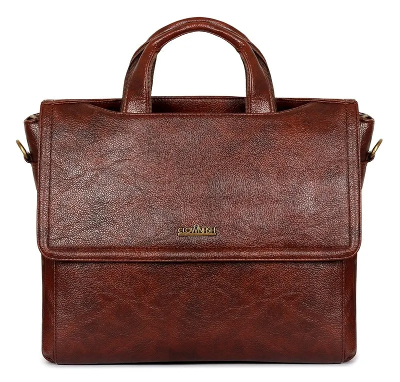 THE CLOWNFISH Signature Series Faux Leather Laptop Briefcase - Includes Padded Shoulder Strap | 15.6 inch | Coffee