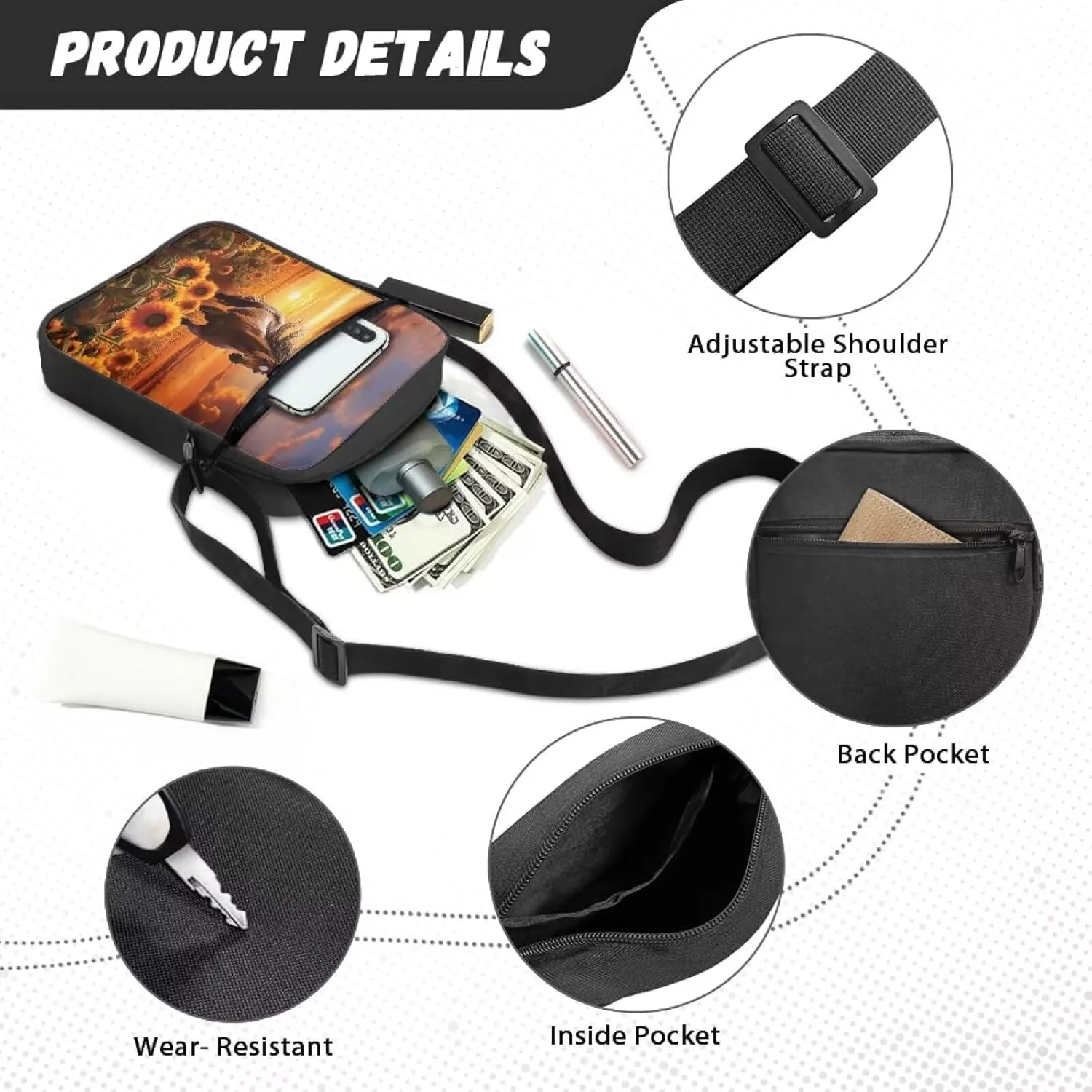 TODIYADDU Messenger Bag for Women Men Small Crossbody Purse with Adjustable Strap Travel Shoulder Bag Lightweight Handbags