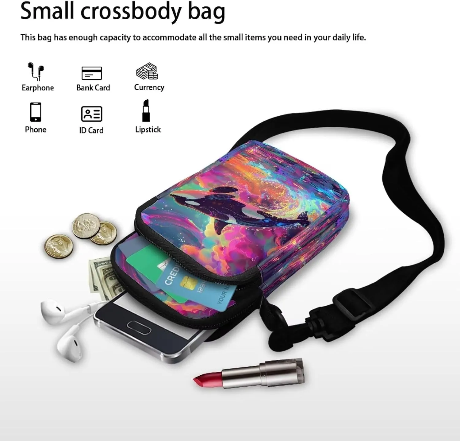 TODIYADDU Orca Killer Whale Cell Phone Purse for Women Fantasy Galaxy Shoulder Sling Bag with Adjustable Strap and Zip Pocket Multipurpose Crossbody Wallet Phone Bag for Cards Keys Lipstick-1