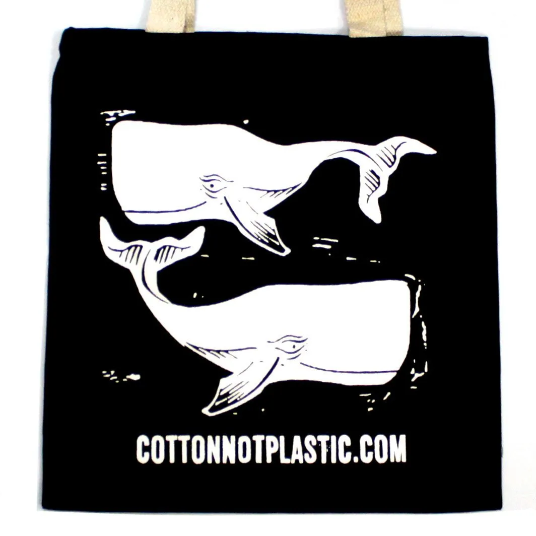 Tote Bag Black 8oz Cotton Bag 38x42cm - WHALES - WHITE