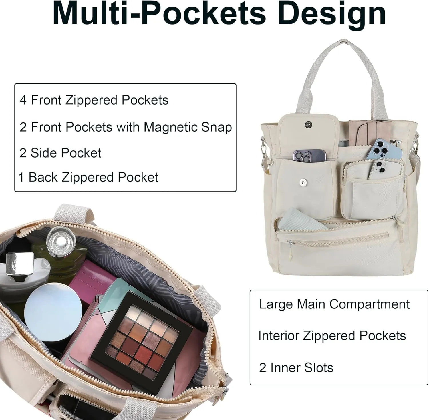 Tote Bag for Woman, Large Tote Bag with Multi Pockets, Work Shoulder Bag with Zipper for Office, Travel, Waterproof