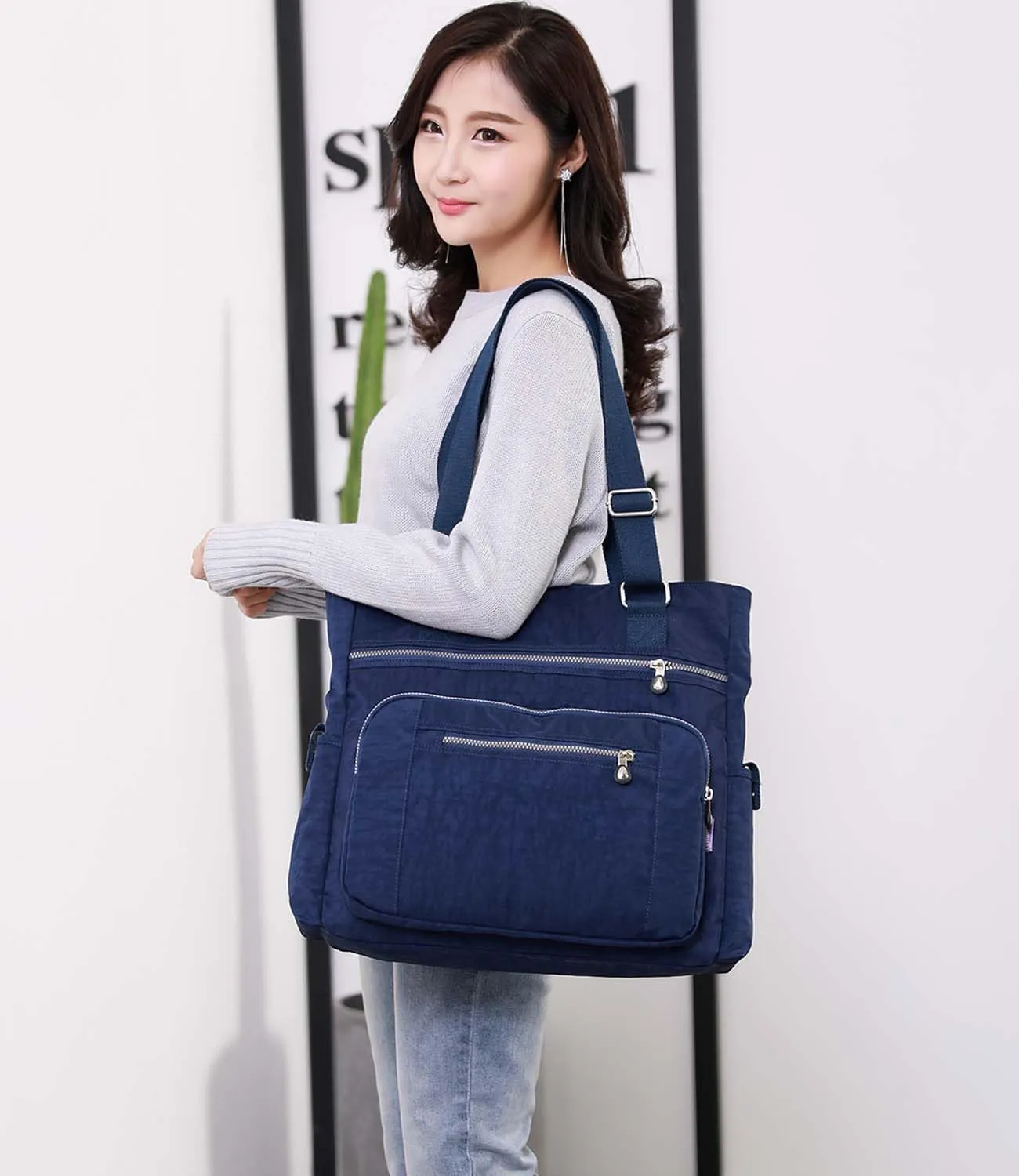 Tote Bag for Women, Waterproof Nylon Shoulder Bags, Multi Pockets Tote Purses, Large Capacity Travel Tote Bag