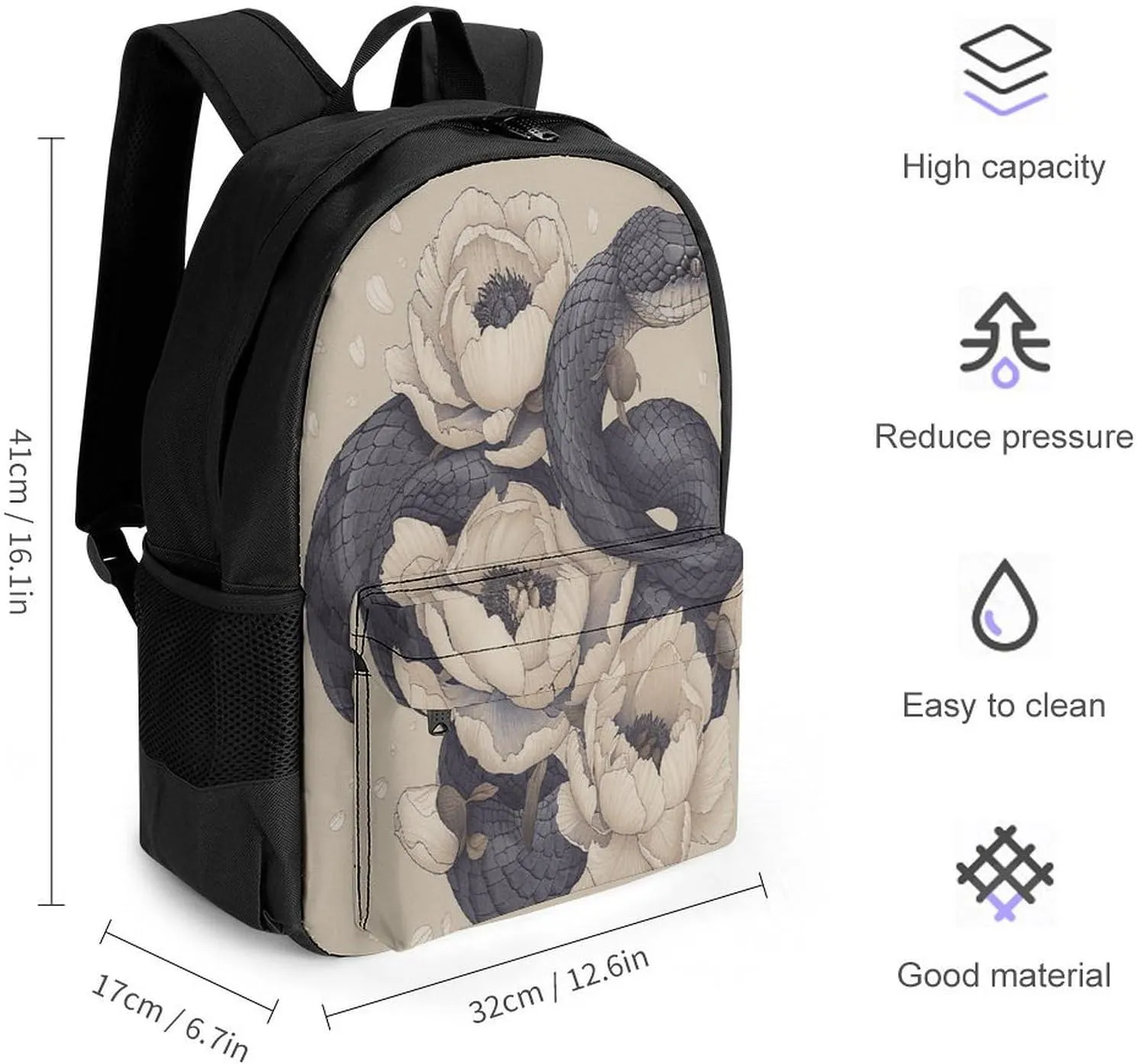 Travel Backpack Lightweight Laptop Backpack Personalized Black Snake And Flower Casual Backpacks For Men Womens