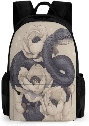 Travel Backpack Lightweight Laptop Backpack Personalized Black Snake And Flower Casual Backpacks For Men Womens
