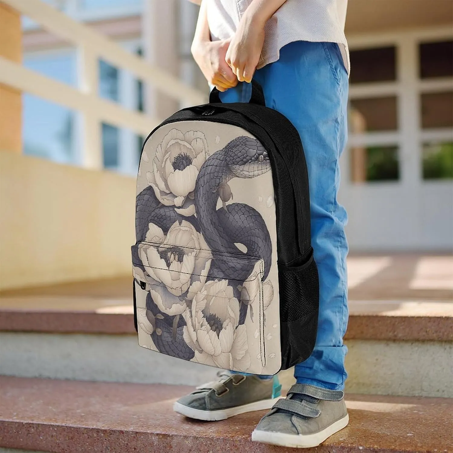 Travel Backpack Lightweight Laptop Backpack Personalized Black Snake And Flower Casual Backpacks For Men Womens