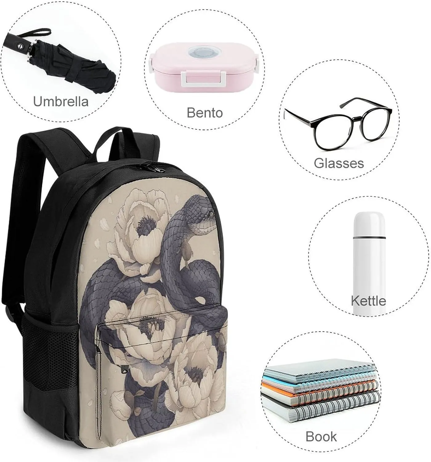 Travel Backpack Lightweight Laptop Backpack Personalized Black Snake And Flower Casual Backpacks For Men Womens