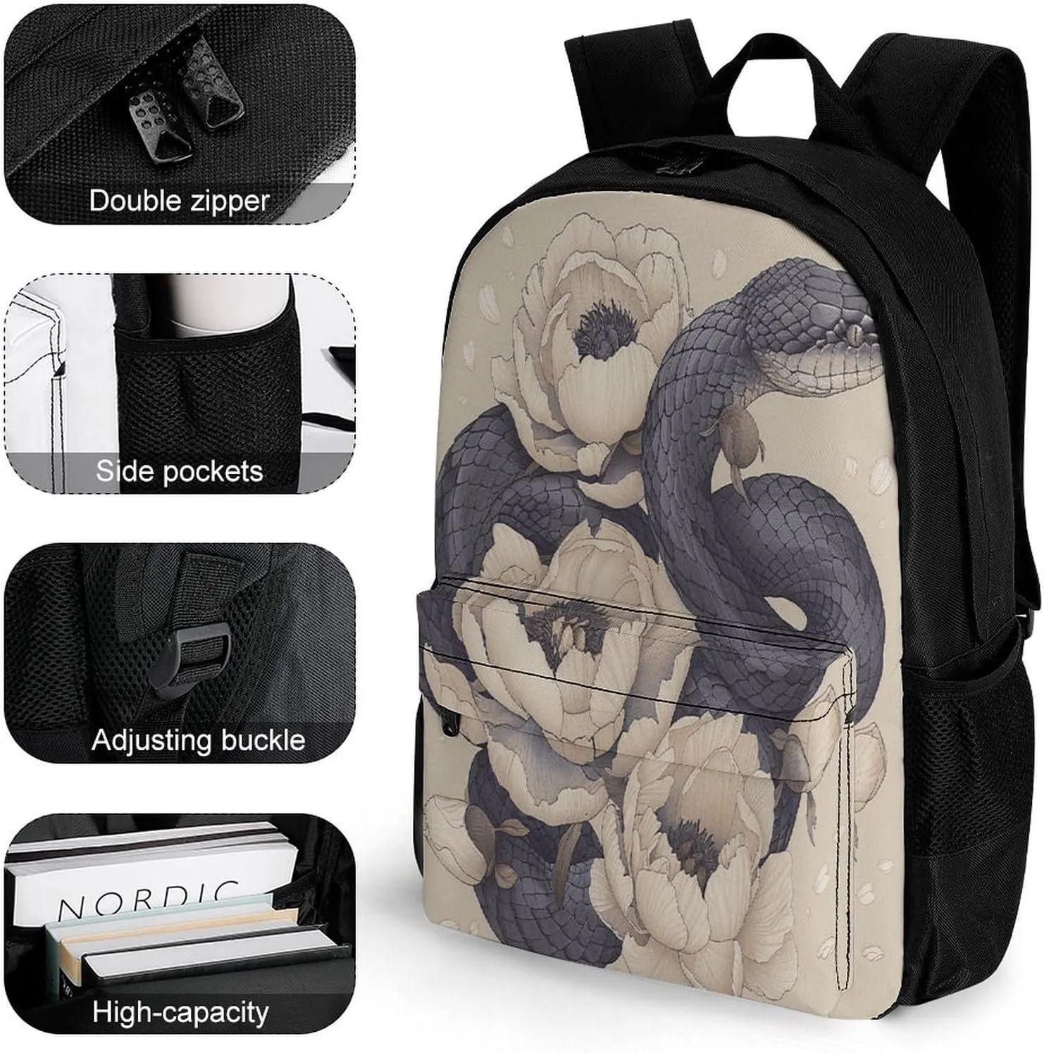 Travel Backpack Lightweight Laptop Backpack Personalized Black Snake And Flower Casual Backpacks For Men Womens