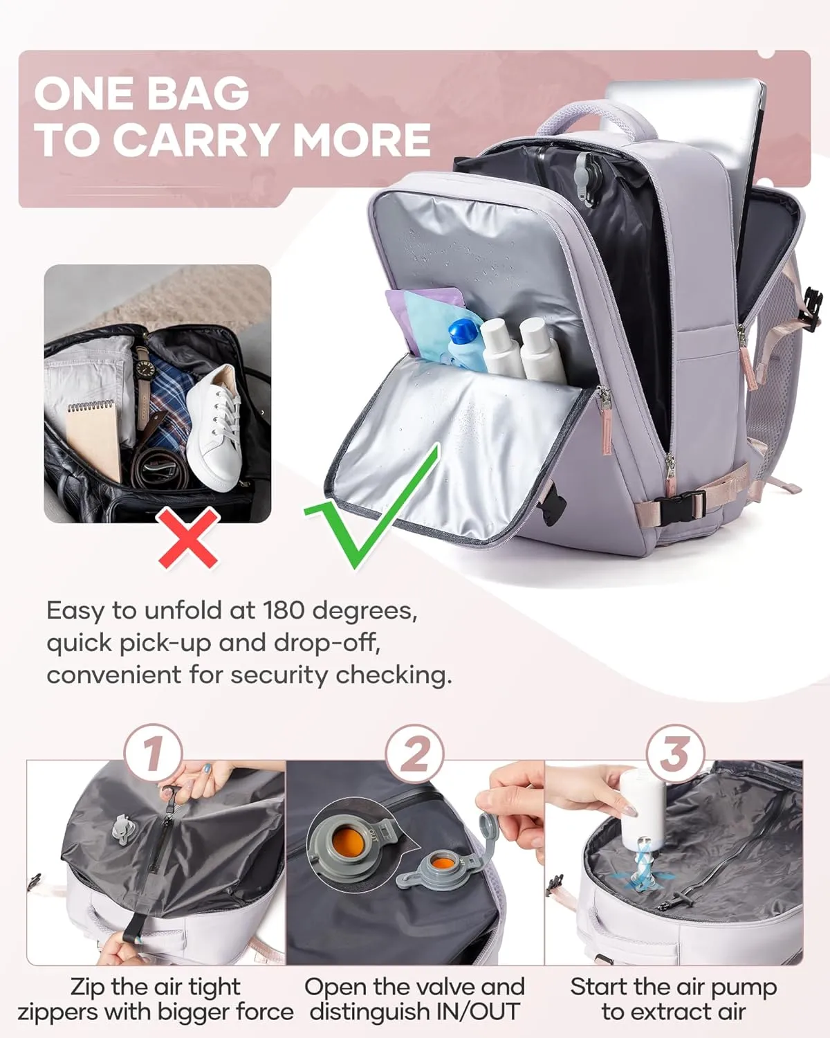 Travel Backpack Vacuum Compression,Vacuum Seal Backpack with Dry Wet Separated Pocket Shoe Compartment, 18.5x13x7.9IN Airback backpack, Laptop Backpacks,Hiking Bag (Light Purple)