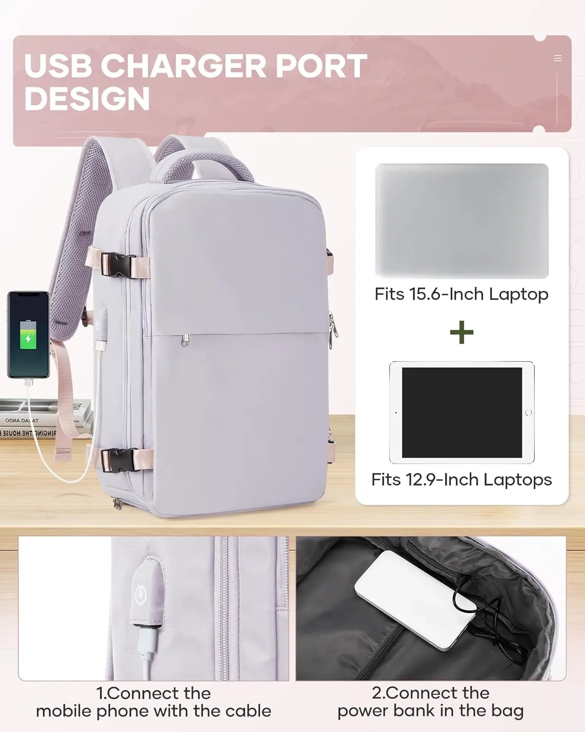 Travel Backpack Vacuum Compression,Vacuum Seal Backpack with Dry Wet Separated Pocket Shoe Compartment, 18.5x13x7.9IN Airback backpack, Laptop Backpacks,Hiking Bag (Light Purple)
