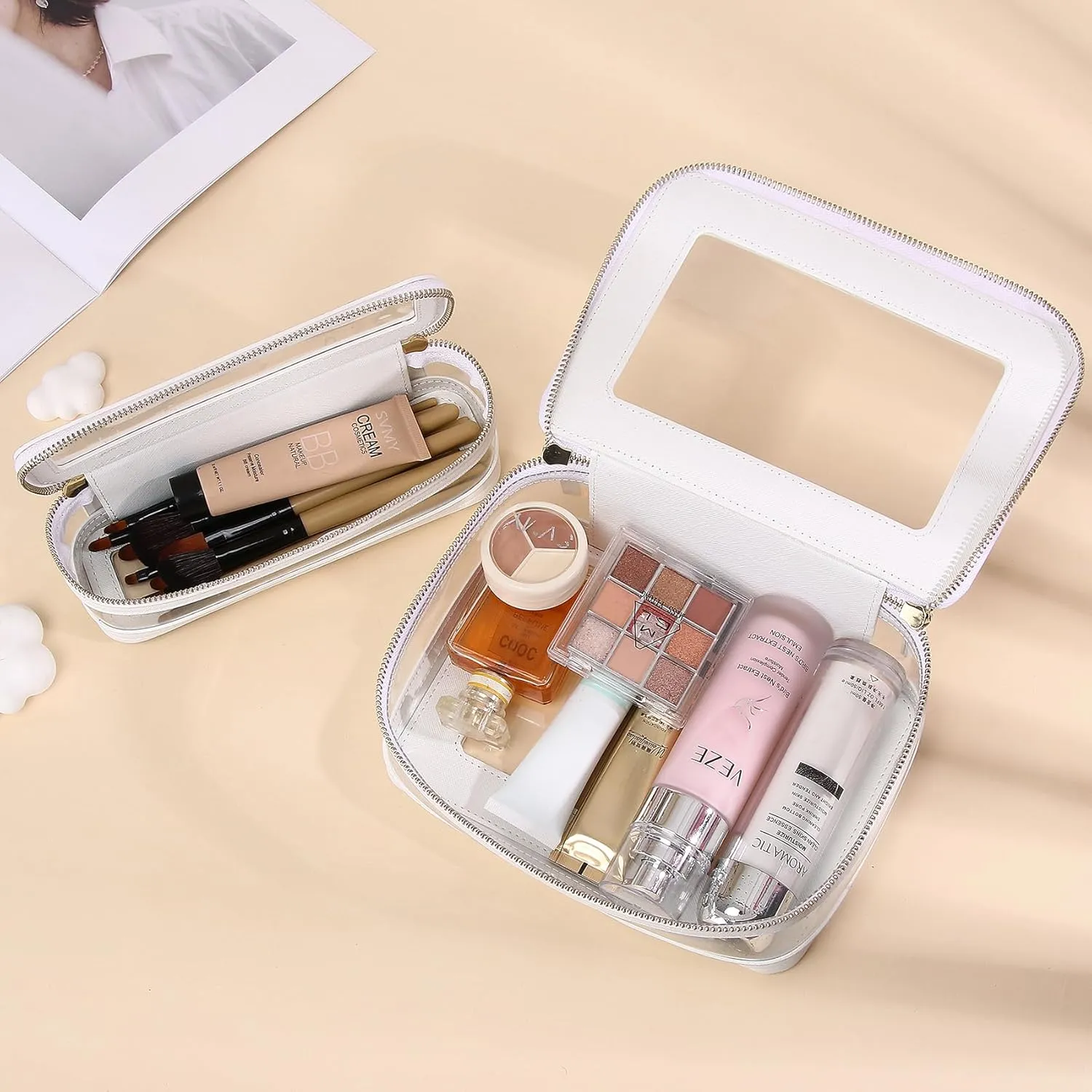 Travel Clear Makeup Bag with Brush Case TSA Approved Toiletry Bag Waterproof Cosmetic Organizer Car Essential for Women (White, M SLIM-1)