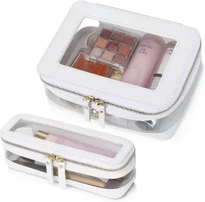 Travel Clear Makeup Bag with Brush Case TSA Approved Toiletry Bag Waterproof Cosmetic Organizer Car Essential for Women (White, M SLIM-1)