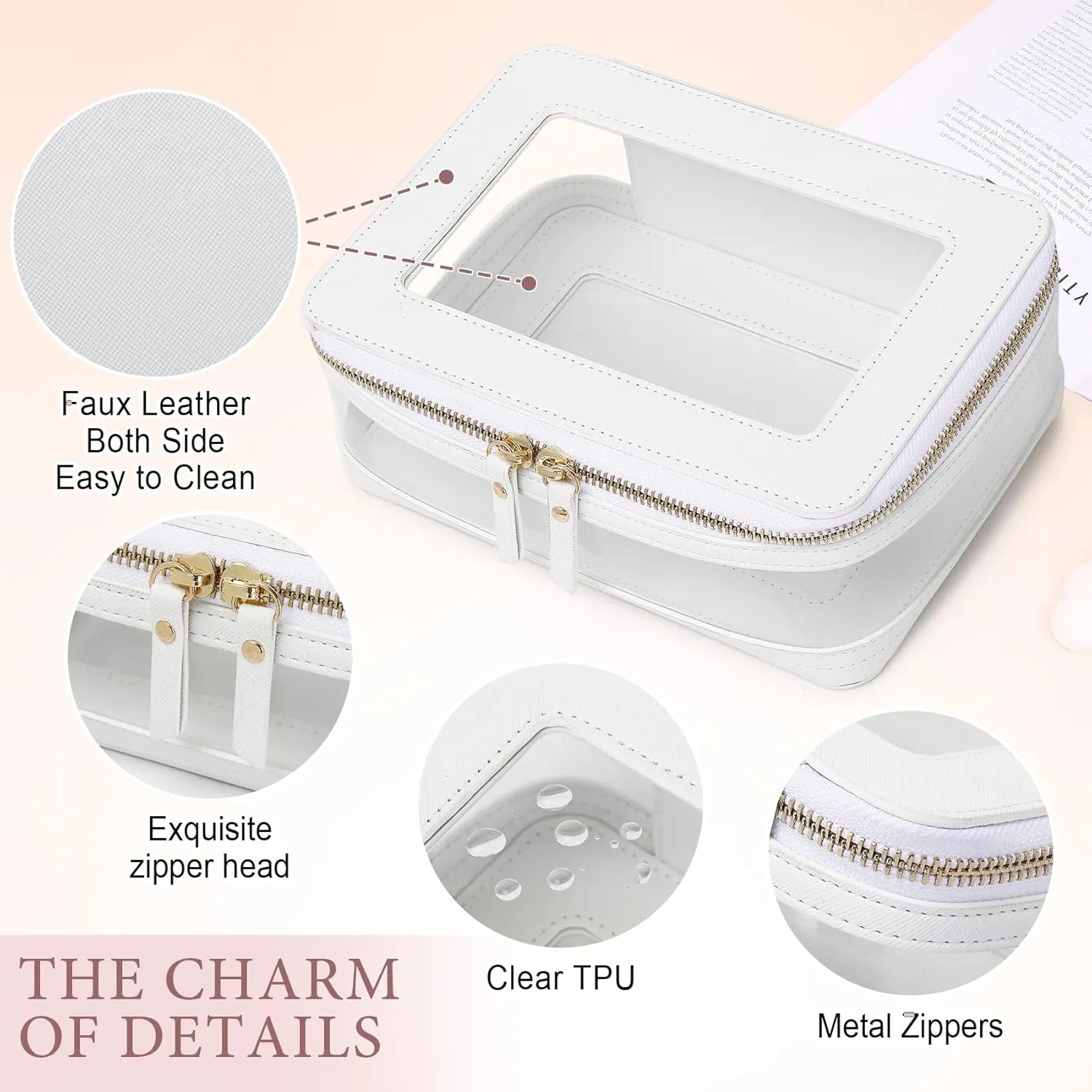 Travel Clear Makeup Bag with Brush Case TSA Approved Toiletry Bag Waterproof Cosmetic Organizer Car Essential for Women (White, M SLIM-1)