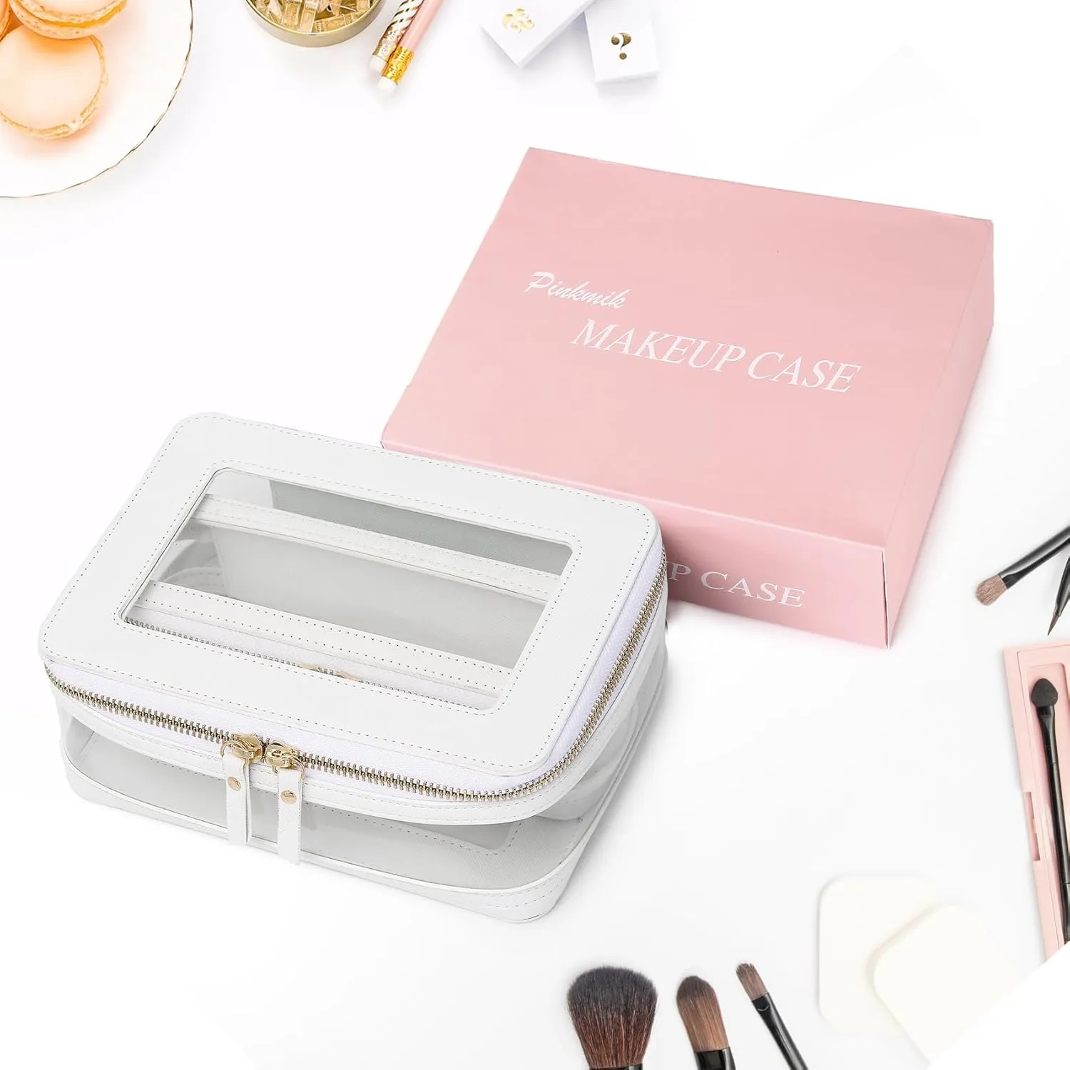 Travel Clear Makeup Bag with Brush Case TSA Approved Toiletry Bag Waterproof Cosmetic Organizer Car Essential for Women (White, M SLIM-1)