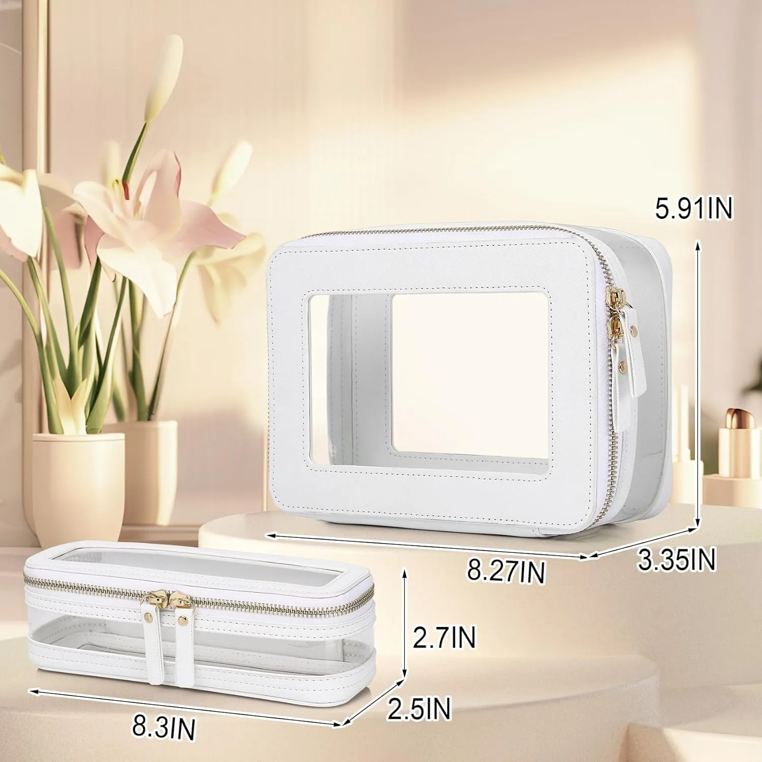 Travel Clear Makeup Bag with Brush Case TSA Approved Toiletry Bag Waterproof Cosmetic Organizer Car Essential for Women (White, M SLIM-1)