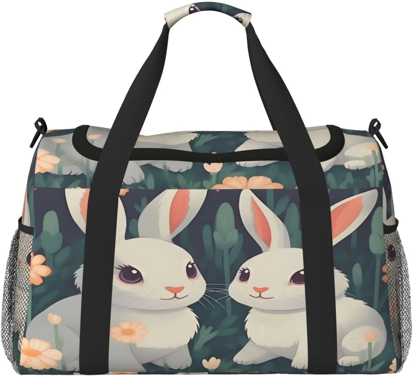 Travel Duffel Bag For Men Women, Cute Rabbits Flowers Carry On Sport Gym Bag With Shoulder Strap Lightweight Waterproof Weekender Bag Overnight Bag
