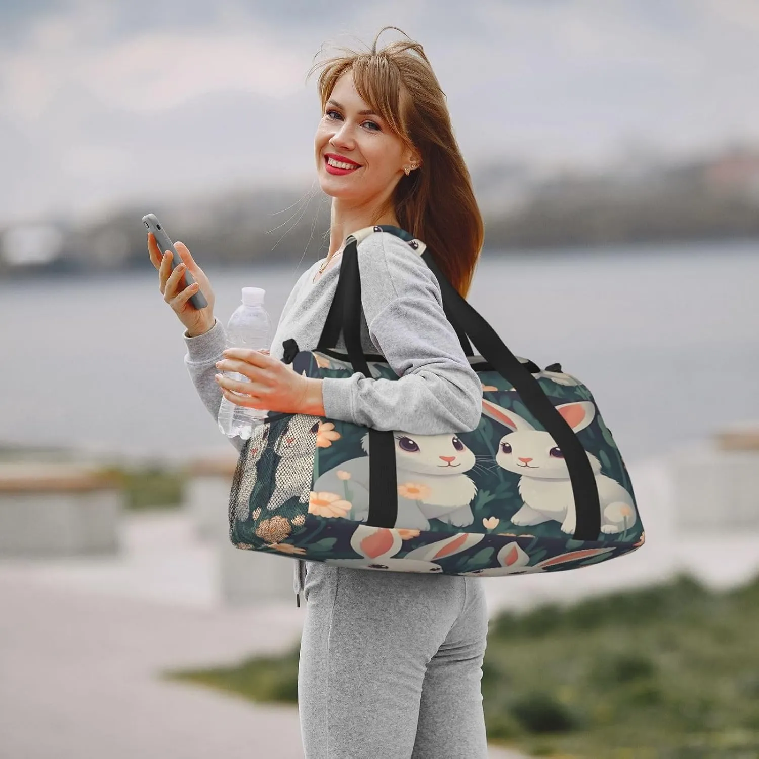 Travel Duffel Bag For Men Women, Cute Rabbits Flowers Carry On Sport Gym Bag With Shoulder Strap Lightweight Waterproof Weekender Bag Overnight Bag