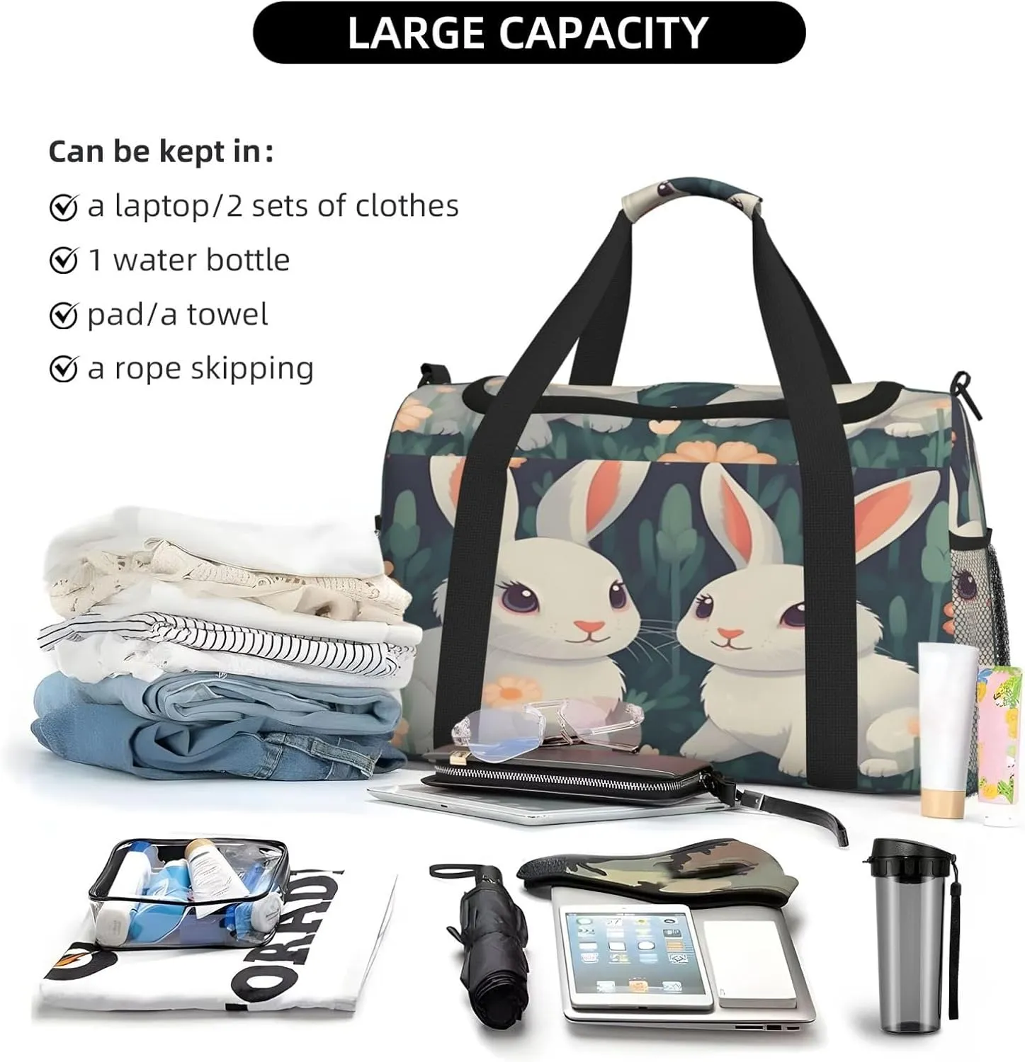 Travel Duffel Bag For Men Women, Cute Rabbits Flowers Carry On Sport Gym Bag With Shoulder Strap Lightweight Waterproof Weekender Bag Overnight Bag