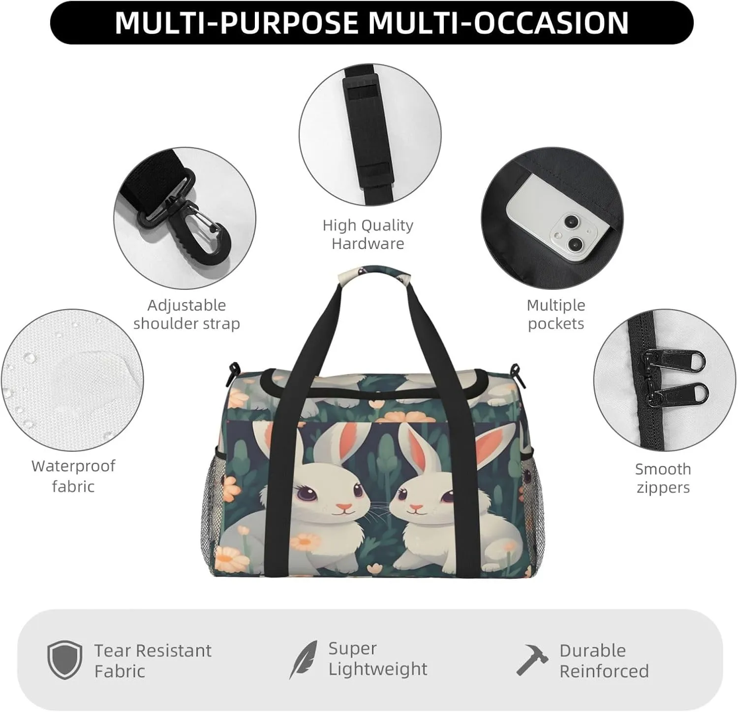 Travel Duffel Bag For Men Women, Cute Rabbits Flowers Carry On Sport Gym Bag With Shoulder Strap Lightweight Waterproof Weekender Bag Overnight Bag