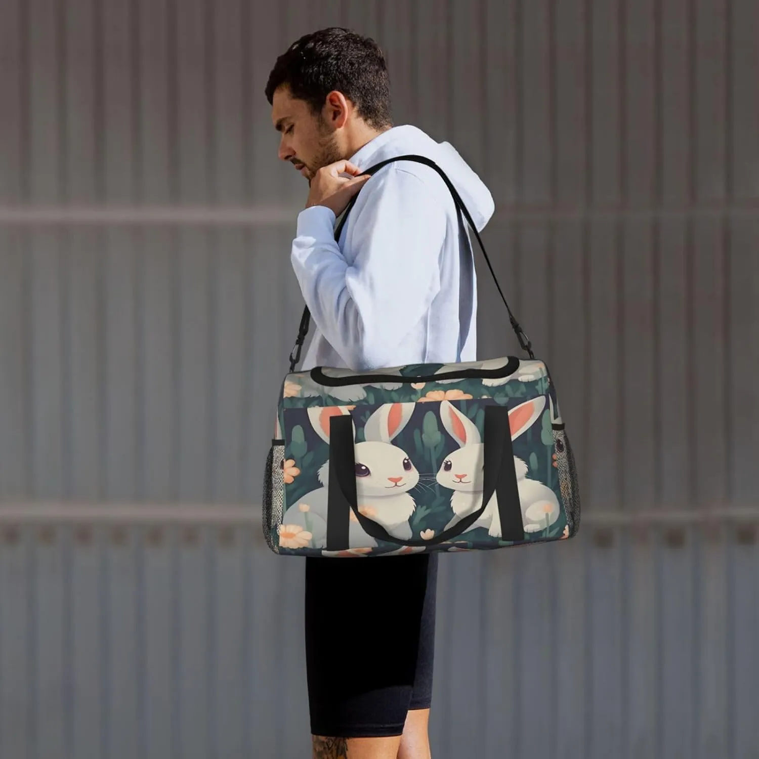 Travel Duffel Bag For Men Women, Cute Rabbits Flowers Carry On Sport Gym Bag With Shoulder Strap Lightweight Waterproof Weekender Bag Overnight Bag