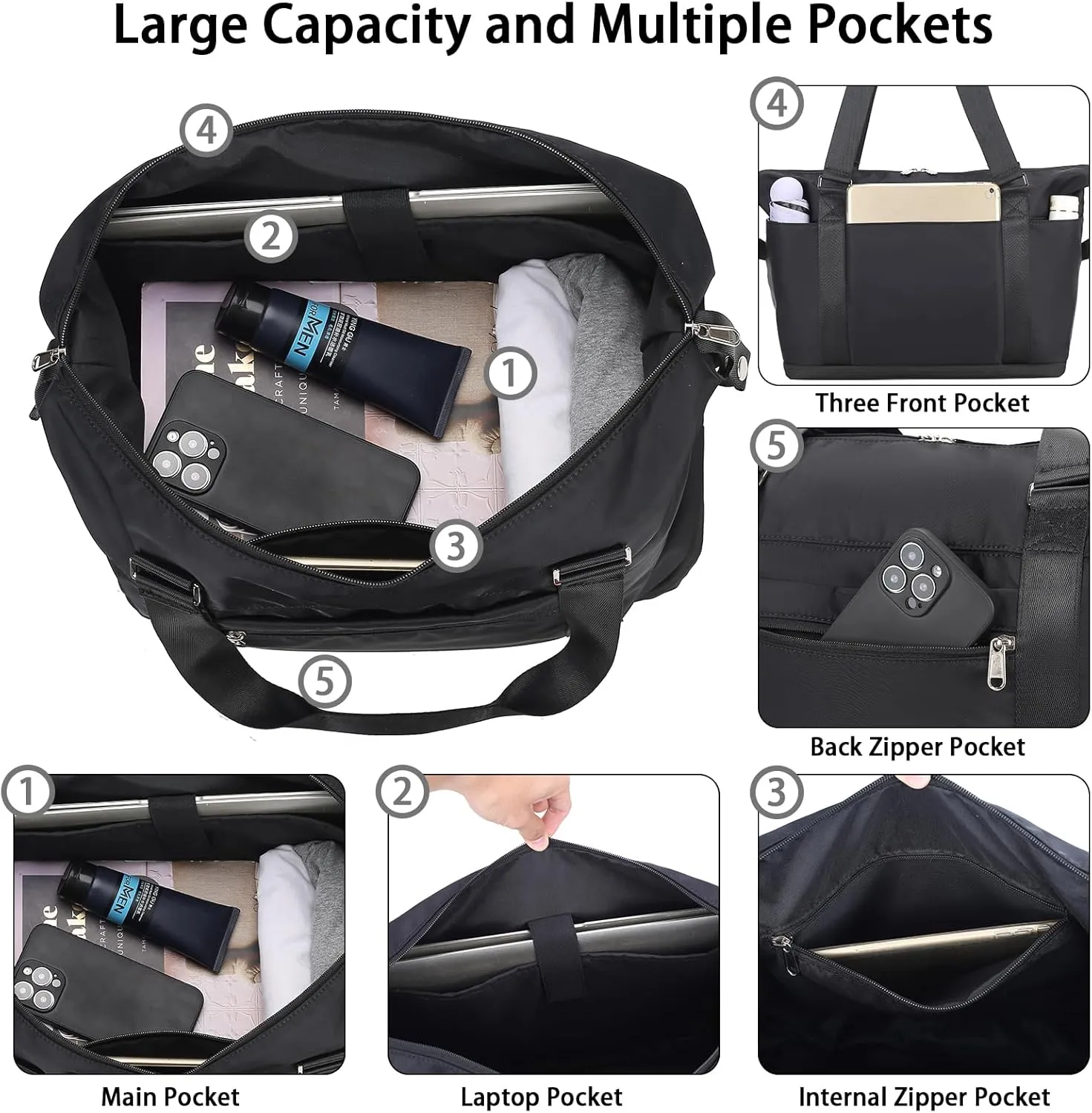 Travel Duffel Bag, Weekender Overnight Carry On Tote Bag for Women Men, Travel Essentials Sport Gym Bag(Black)