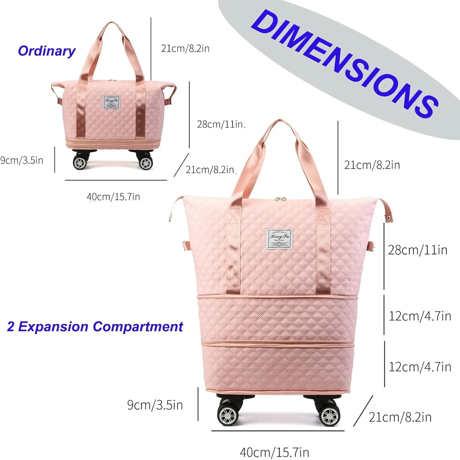 Travel Duffel Bag with Rolling Wheels Expandable Weekender Carry-On Tote Bags Foldable Handbag for Women 24L-44L