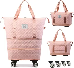 Travel Duffel Bag with Rolling Wheels Expandable Weekender Carry-On Tote Bags Foldable Handbag for Women 24L-44L