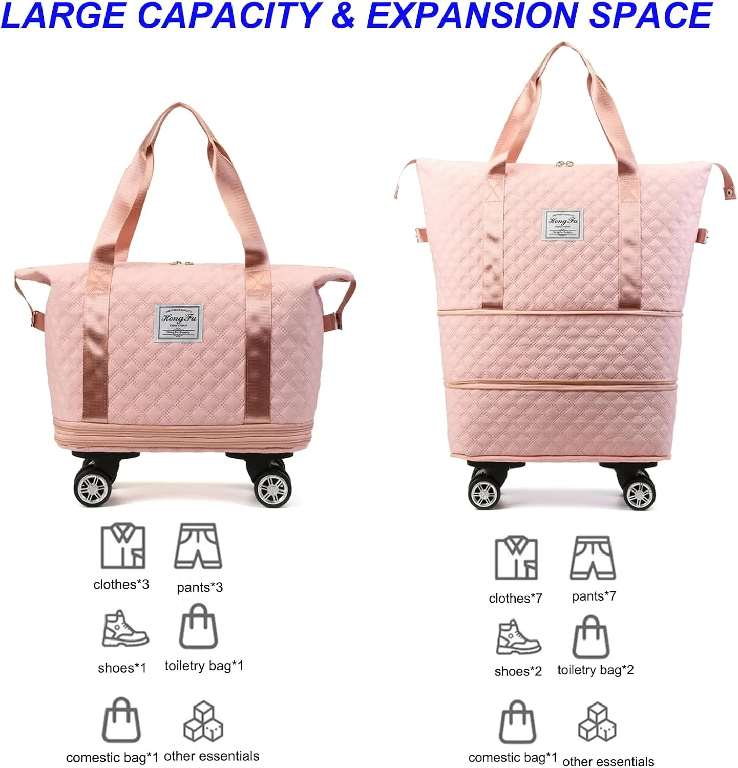 Travel Duffel Bag with Rolling Wheels Expandable Weekender Carry-On Tote Bags Foldable Handbag for Women 24L-44L