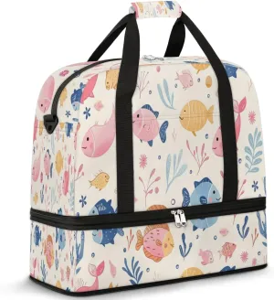 Travel Duffel Bag with Shoe Compartment, Colorful Fishes Seaweed Shoulder Weekender Bags for Women, Foldable Waterproof Travel Bag Carry on Bag