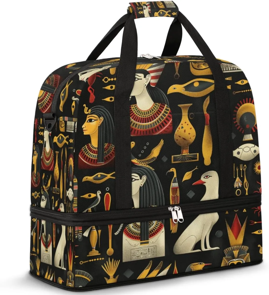 Travel Duffel Bag with Shoe Compartment, Egyptian Characters Pattern Shoulder Weekender Bags for Women, Foldable Waterproof Travel Bag Carry on Bag