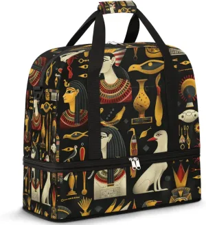 Travel Duffel Bag with Shoe Compartment, Egyptian Characters Pattern Shoulder Weekender Bags for Women, Foldable Waterproof Travel Bag Carry on Bag