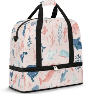 Travel Duffel Bag with Shoe Compartment, Whales Seaweed Shoulder Weekender Bags for Women, Foldable Waterproof Travel Bag Carry on Bag