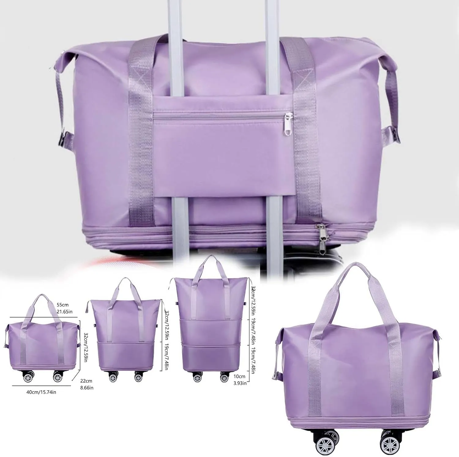 Travel Duffel Bag with Wheels, Expandable Foldable Rolling Luggage Bag with Detachable Wheels for Wome, Rolling Duffle Bag, Carry On, Large Weekend Bag Overnight Bag (Light Purple)