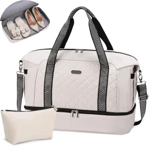 Travel Duffel Bags, Weekender Bags for Women with Shoe Compartment, Overnight Bag with Wet Pocket & Toiletry Bag for Airplane Travel, Trip, Gym, Yoga, Labor and Delivery, Beige