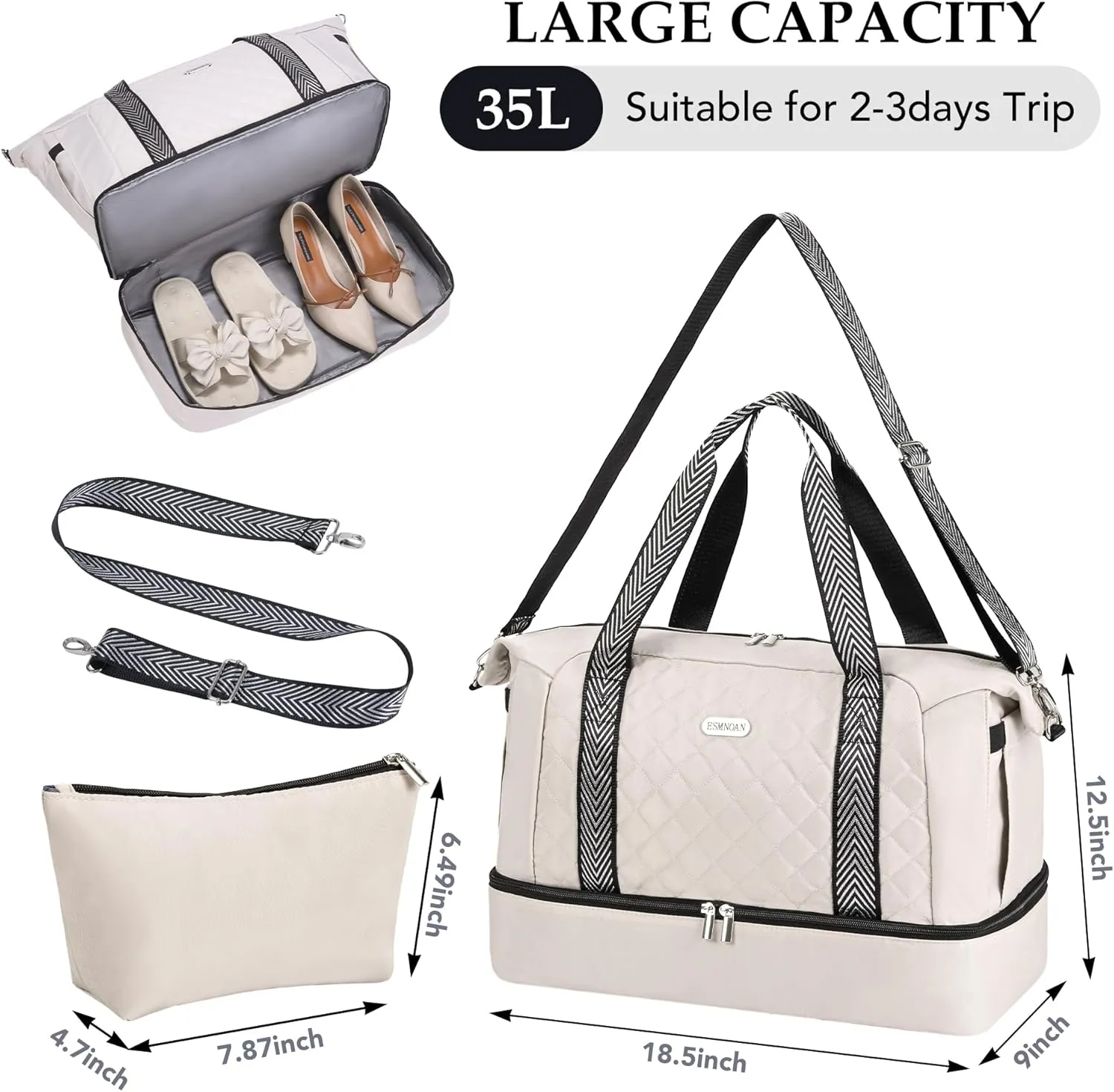 Travel Duffel Bags, Weekender Bags for Women with Shoe Compartment, Overnight Bag with Wet Pocket & Toiletry Bag for Airplane Travel, Trip, Gym, Yoga, Labor and Delivery, Beige