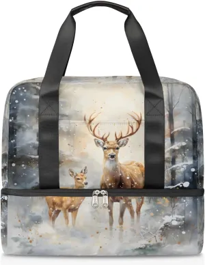 Travel Duffel Bags Winter Elk Deer Sports Gym Bag with Wet Pocket & Shoes Compartment Large Duffel Bags Waterproof Overnight Bag Weekender Bags for Women Men