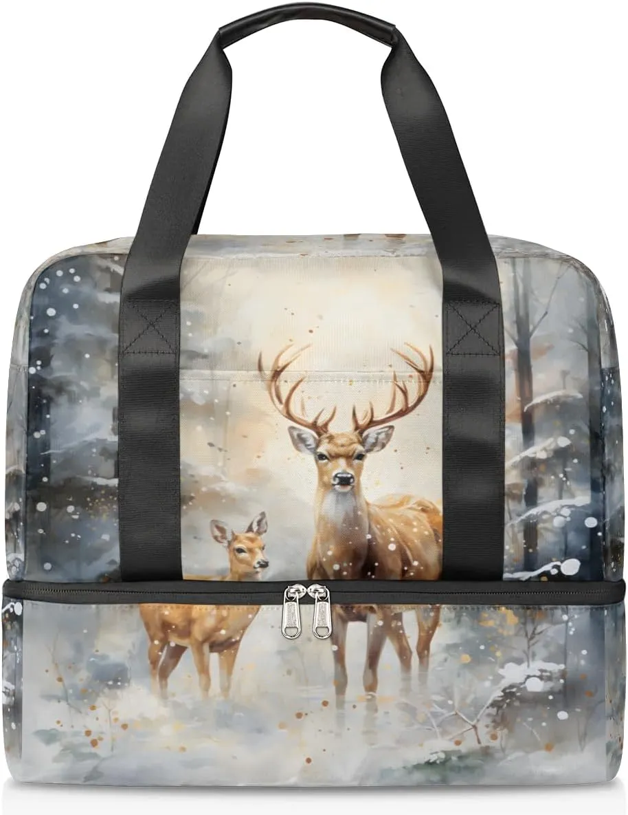 Travel Duffel Bags Winter Elk Deer Sports Gym Bag with Wet Pocket & Shoes Compartment Large Duffel Bags Waterproof Overnight Bag Weekender Bags for Women Men