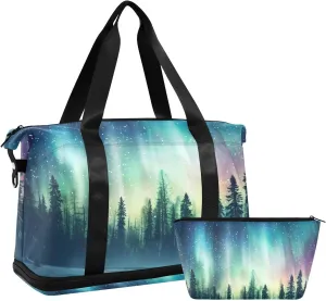 Travel Duffel Gym Sports Luggage Bag Expandable Large Capacity Aurora Forest Snow Sports Bag for Women and Men